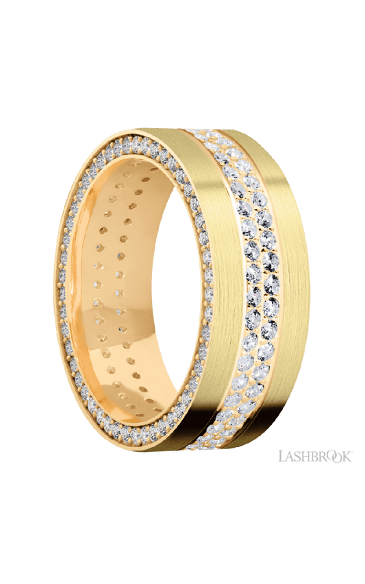 8 mm wide/Flat/14K Yellow Gold band with a Side Eternity arrangement of .01 carat Round Diamond stones in a Bead Channel setting and featuring a a 2 Row Eternity arrangement of .015 carat Round Diamond stones in a Bead Channel setting