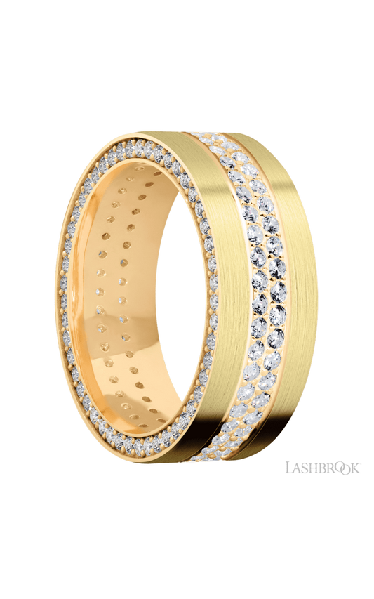 8 mm wide/Flat/14K Yellow Gold band with a Side Eternity arrangement of .01 carat Round Diamond stones in a Bead Channel setting and featuring a a 2 Row Eternity arrangement of .015 carat Round Diamond stones in a Bead Channel setting
