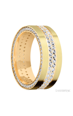 8 mm wide/Flat/14K Yellow Gold band with a Side Eternity arrangement of .01 carat Round Diamond stones in a Bead Channel setting and featuring a a 2 Row Eternity arrangement of .015 carat Round Diamond stones in a Bead Channel setting