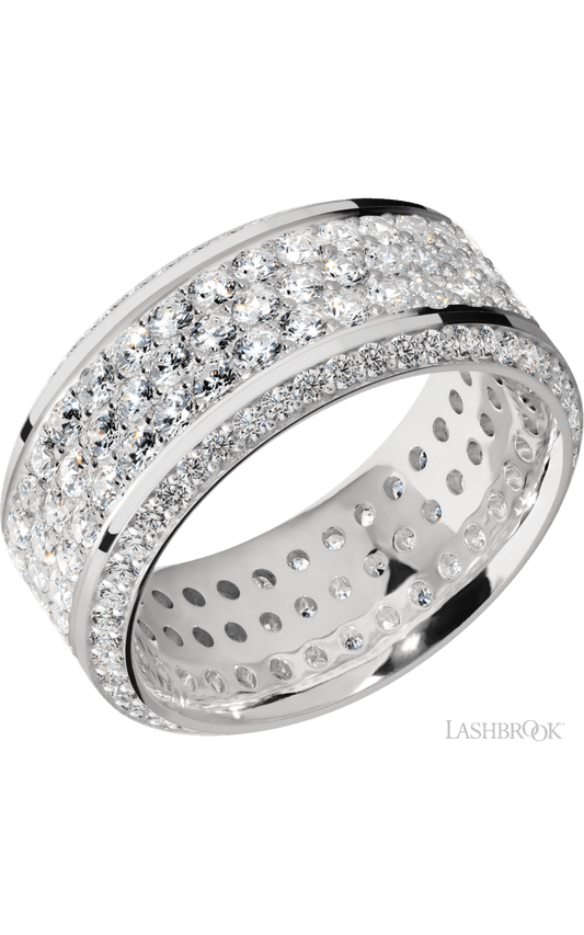 10 mm wide/High Bevel/14K White Gold band with a Bevel Eternity arrangement of .01 carat Round Diamond stones in a Bead setting and featuring a a 3 Row Eternity arrangement of .03 carat Round Diamond stones in a Bead Channel setting