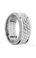 10 mm wide/High Bevel/14K White Gold band with a Bevel Eternity arrangement of .01 carat Round Diamond stones in a Bead setting and featuring a a 3 Row Eternity arrangement of .03 carat Round Diamond stones in a Bead Channel setting