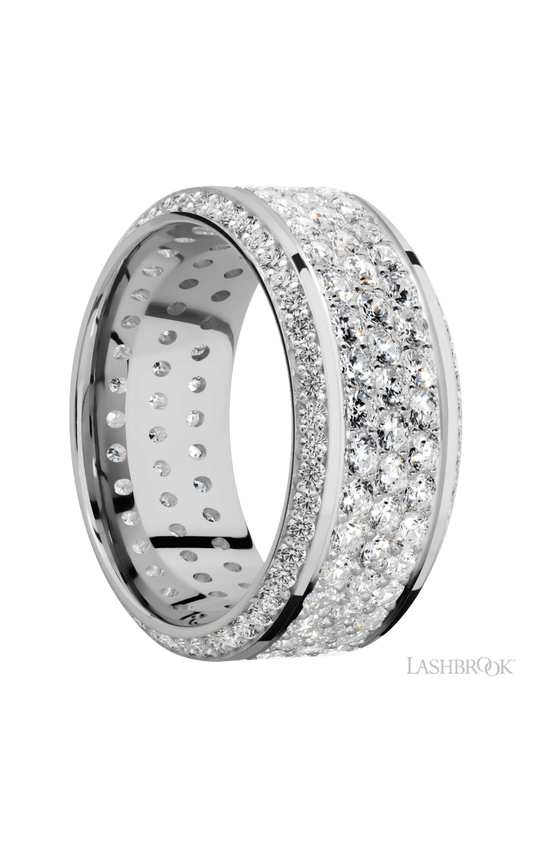 10 mm wide/High Bevel/14K White Gold band with a Bevel Eternity arrangement of .01 carat Round Diamond stones in a Bead setting and featuring a a 3 Row Eternity arrangement of .03 carat Round Diamond stones in a Bead Channel setting