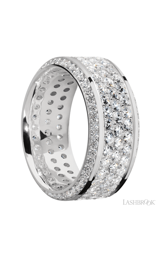10 mm wide/High Bevel/14K White Gold band with a Bevel Eternity arrangement of .01 carat Round Diamond stones in a Bead setting and featuring a a 3 Row Eternity arrangement of .03 carat Round Diamond stones in a Bead Channel setting