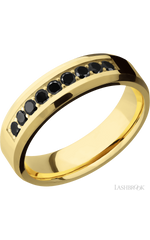 6 mm wide/Beveled/14K Yellow Gold band with an  arrangement of 9, .05 carat Round Black Diamond stones in a Bead Channel setting.