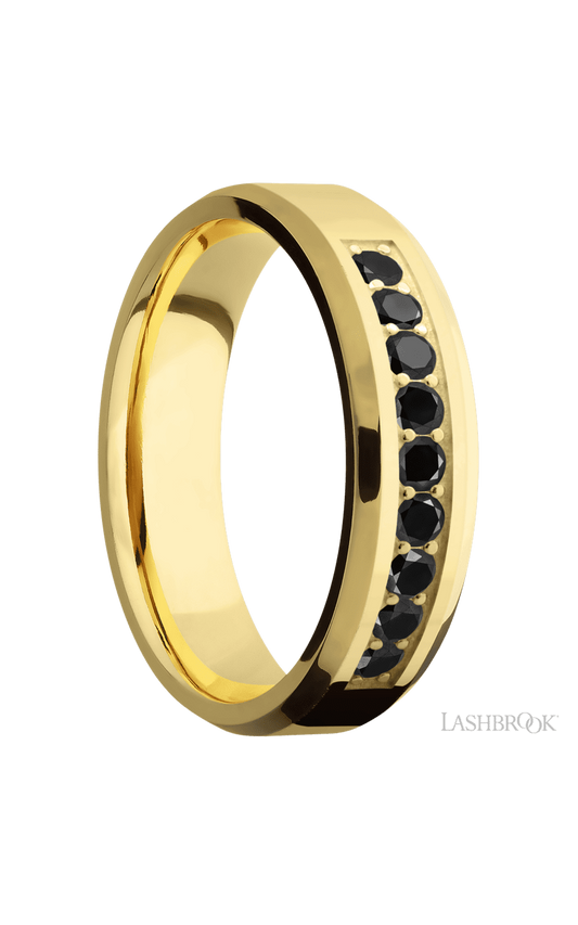 6 mm wide/Beveled/14K Yellow Gold band with an  arrangement of 9, .05 carat Round Black Diamond stones in a Bead Channel setting.