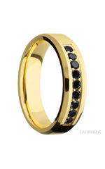 6 mm wide/Beveled/14K Yellow Gold band with an  arrangement of 9, .05 carat Round Black Diamond stones in a Bead Channel setting.