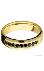 6 mm wide/Beveled/14K Yellow Gold band with an  arrangement of 9, .05 carat Round Black Diamond stones in a Bead Channel setting.