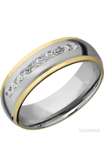 7 mm wide/Domed Stepped Down Edges/Cobalt Chrome band with  two 1 mm Edge inlays of 14K Yellow Gold and featuring an  arrangement of 9, .05 carat Round Diamond stones in a Channel setting