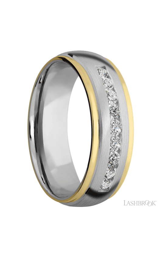 7 mm wide/Domed Stepped Down Edges/Cobalt Chrome band with  two 1 mm Edge inlays of 14K Yellow Gold and featuring an  arrangement of 9, .05 carat Round Diamond stones in a Channel setting