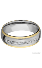 7 mm wide/Domed Stepped Down Edges/Cobalt Chrome band with  two 1 mm Edge inlays of 14K Yellow Gold and featuring an  arrangement of 9, .05 carat Round Diamond stones in a Channel setting