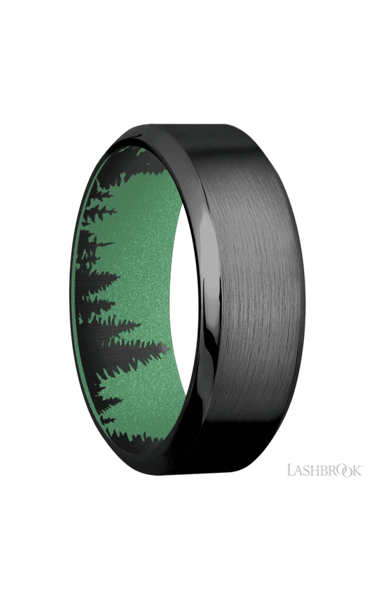 8 mm wide High Bevel Zirconium band featuring a Squatch sleeve.