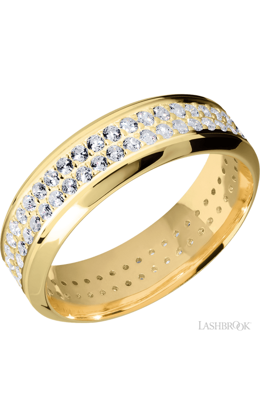 7 mm wide/High Bevel/14K Yellow Gold band with a 2 Row Eternity arrangement of .015 carat Round Diamond stones in a Bead Channel setting.