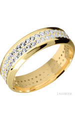 7 mm wide/High Bevel/14K Yellow Gold band with a 2 Row Eternity arrangement of .015 carat Round Diamond stones in a Bead Channel setting.
