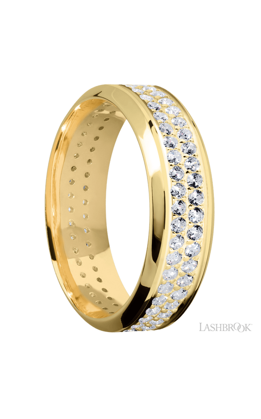 7 mm wide/High Bevel/14K Yellow Gold band with a 2 Row Eternity arrangement of .015 carat Round Diamond stones in a Bead Channel setting.