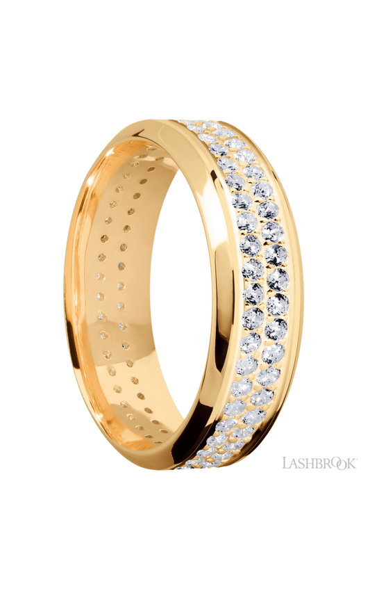 7 mm wide/High Bevel/14K Yellow Gold band with a 2 Row Eternity arrangement of .015 carat Round Diamond stones in a Bead Channel setting.