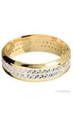 7 mm wide/High Bevel/14K Yellow Gold band with a 2 Row Eternity arrangement of .015 carat Round Diamond stones in a Bead Channel setting.