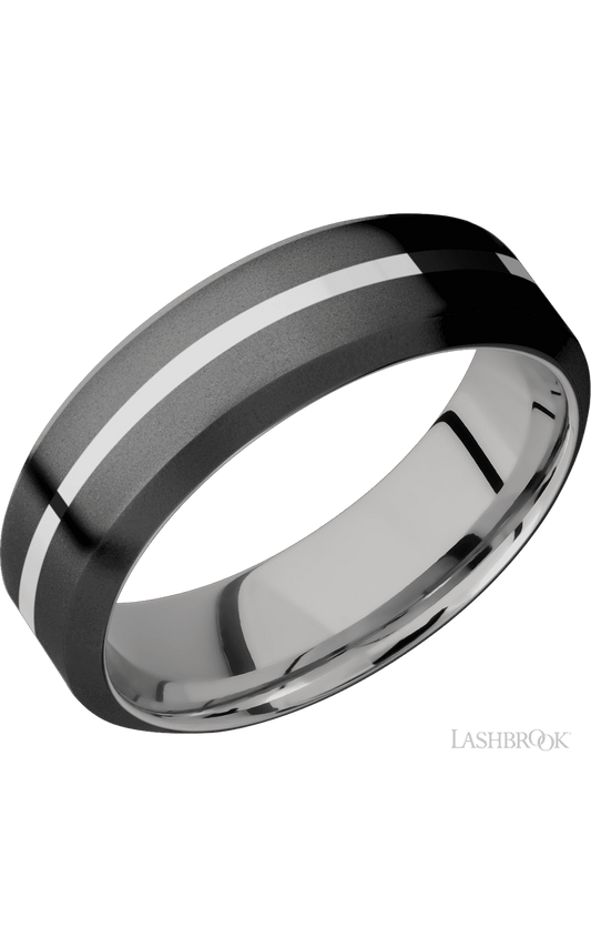 7 mm wide/High Bevel/Zirconium band with one 1 mm Centered inlay of Palladium Silver also featuring a Palladium Silver sleeve.