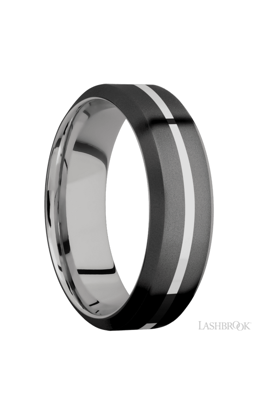 7 mm wide/High Bevel/Zirconium band with one 1 mm Centered inlay of Palladium Silver also featuring a Palladium Silver sleeve.