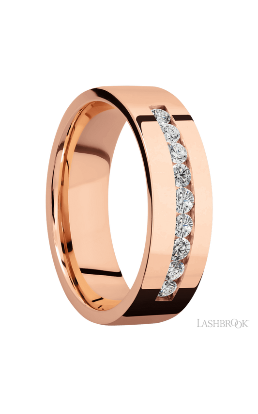 7 mm wide/Flat/14K Rose Gold band with an  arrangement of 9, .05 carat Round Diamond stones in a Channel setting.