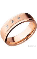 7 mm wide/Flat Stepped Edges Milgrain/14K Rose Gold band with an  arrangement of 3, .03 carat Round Diamond stones in a Flush setting.