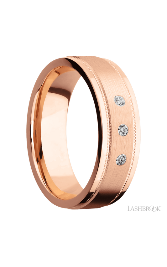 7 mm wide/Flat Stepped Edges Milgrain/14K Rose Gold band with an  arrangement of 3, .03 carat Round Diamond stones in a Flush setting.