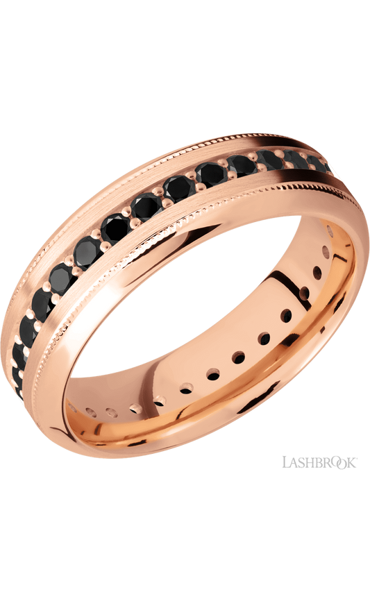 7 mm wide/High Bevel Milgrain/14K Rose Gold band with an Eternity arrangement of .03 carat Round Black Diamond stones in a Bead Channel setting.