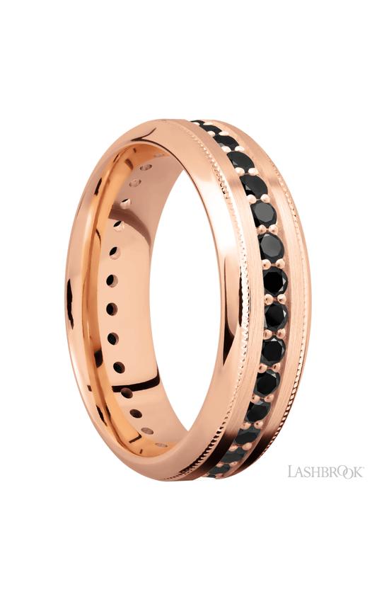 7 mm wide/High Bevel Milgrain/14K Rose Gold band with an Eternity arrangement of .03 carat Round Black Diamond stones in a Bead Channel setting.