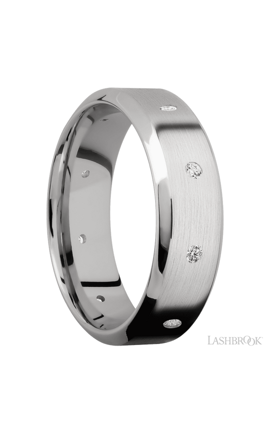 7 mm wide/High Bevel/14K White Gold band with a 9X Even arrangement of .03 carat Round Diamond stones in a Flush setting.