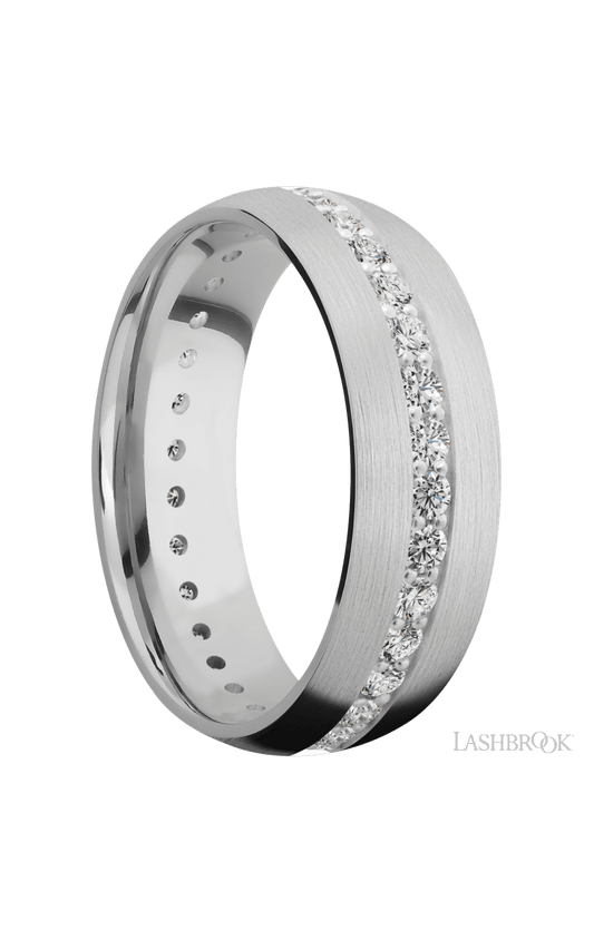 7 mm wide/Domed/14K White Gold band with an Eternity arrangement of .03 carat Round Diamond stones in a Bead Channel setting.