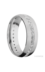 7 mm wide/Domed/14K White Gold band with an Eternity arrangement of .03 carat Round Diamond stones in a Bead Channel setting.