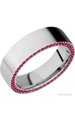 7 mm wide/Flat/14K White Gold band with a Side Eternity arrangement of .01 carat Round Ruby stones in a Bead Channel setting.