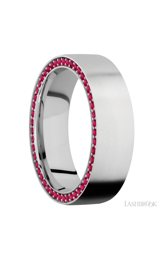 7 mm wide/Flat/14K White Gold band with a Side Eternity arrangement of .01 carat Round Ruby stones in a Bead Channel setting.