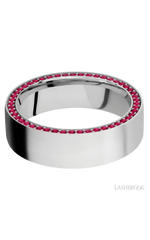 7 mm wide/Flat/14K White Gold band with a Side Eternity arrangement of .01 carat Round Ruby stones in a Bead Channel setting.