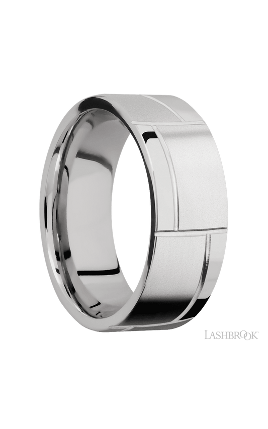 8 mm wide/Flat/14K White Gold band with a machined 3GOCHR pattern.