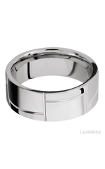 8 mm wide/Flat/14K White Gold band with a machined 3GOCHR pattern.
