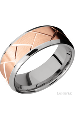 8 mm wide/Beveled/14K White Gold band with one 6 mm Centered inlay of 14K Rose Gold with a machined Flatweave pattern.