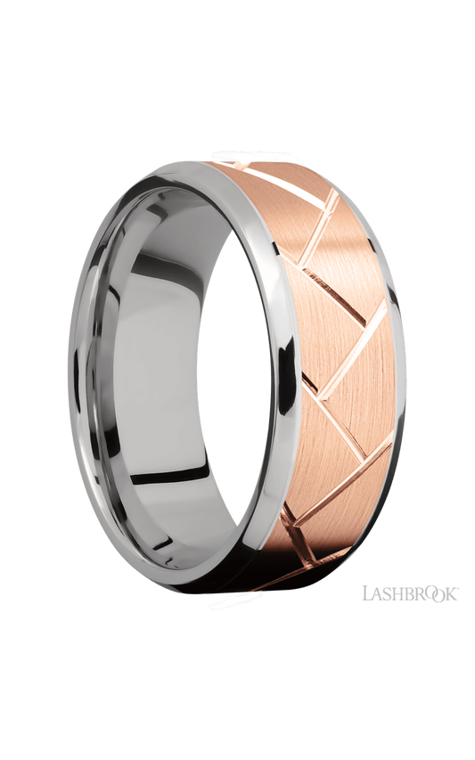 8 mm wide/Beveled/14K White Gold band with one 6 mm Centered inlay of 14K Rose Gold with a machined Flatweave pattern.
