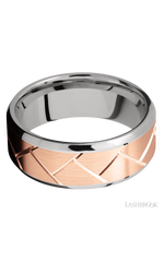 8 mm wide/Beveled/14K White Gold band with one 6 mm Centered inlay of 14K Rose Gold with a machined Flatweave pattern.