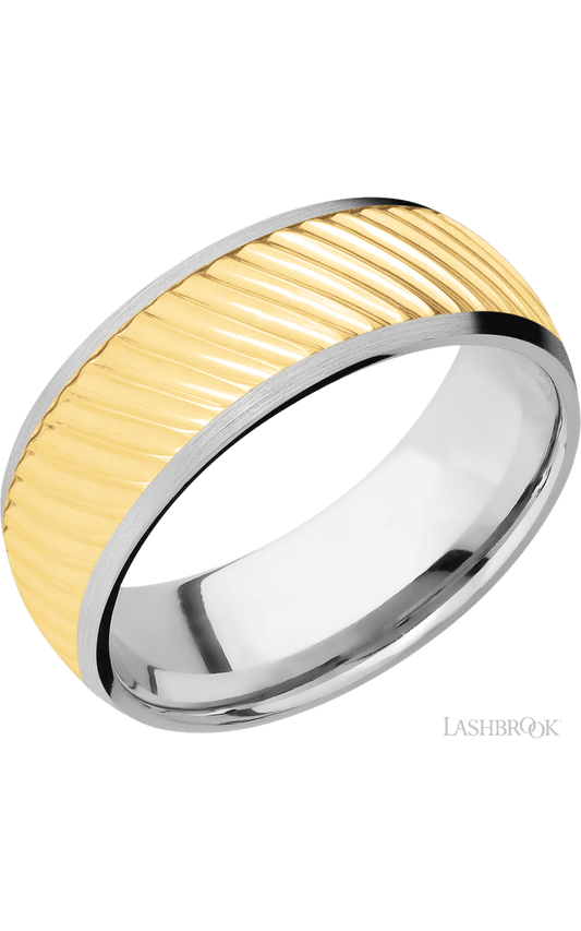 8 mm wide/Domed/14K White Gold band with one 6 mm Centered inlay of 14K Yellow Gold with a machined Ripple pattern.