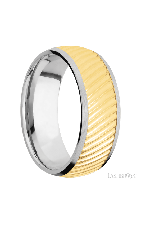 8 mm wide/Domed/14K White Gold band with one 6 mm Centered inlay of 14K Yellow Gold with a machined Ripple pattern.