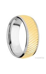 8 mm wide/Domed/14K White Gold band with one 6 mm Centered inlay of 14K Yellow Gold with a machined Ripple pattern.