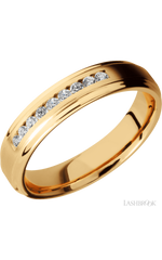 5 mm wide/Flat Grooved Edges/14K Yellow Gold band with an  arrangement of 9, .03 carat Round Diamond stones in a Channel setting.