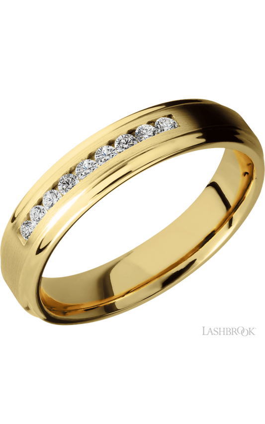5 mm wide/Flat Grooved Edges/14K Yellow Gold band with an  arrangement of 9, .03 carat Round Diamond stones in a Channel setting.