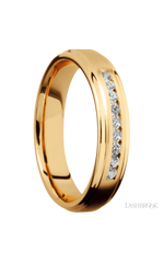 5 mm wide/Flat Grooved Edges/14K Yellow Gold band with an  arrangement of 9, .03 carat Round Diamond stones in a Channel setting.