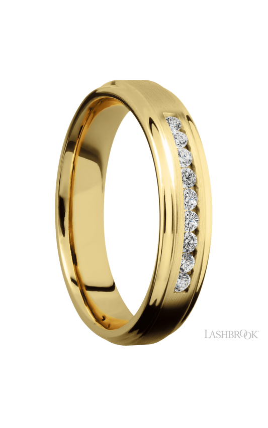5 mm wide/Flat Grooved Edges/14K Yellow Gold band with an  arrangement of 9, .03 carat Round Diamond stones in a Channel setting.