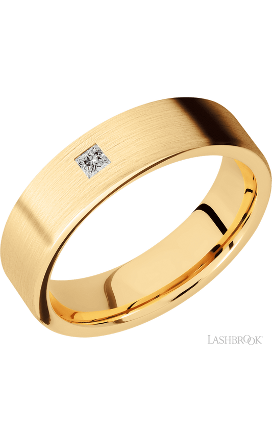 6 mm wide/Flat/14K Yellow Gold band with an  arrangement of 1, .1 carat Princess Diamond stones in a Flush setting.