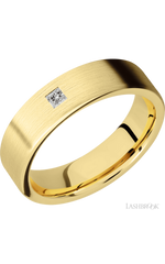 6 mm wide/Flat/14K Yellow Gold band with an  arrangement of 1, .1 carat Princess Diamond stones in a Flush setting.