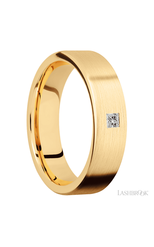 6 mm wide/Flat/14K Yellow Gold band with an  arrangement of 1, .1 carat Princess Diamond stones in a Flush setting.