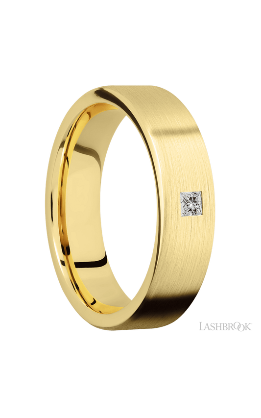 6 mm wide/Flat/14K Yellow Gold band with an  arrangement of 1, .1 carat Princess Diamond stones in a Flush setting.