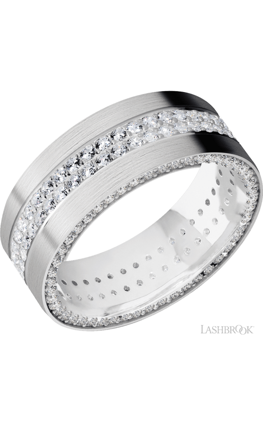 8 mm wide/Flat/14K White Gold band with a Side Eternity arrangement of .01 carat Round Diamond stones in a Bead Channel setting and featuring a a 2 Row Eternity arrangement of .015 carat Round Diamond stones in a Bead Channel setting